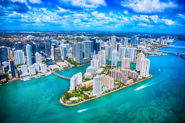 from Miami to LA of about 1000 feet over the Biscayne Bay during a helicopter photo flight.